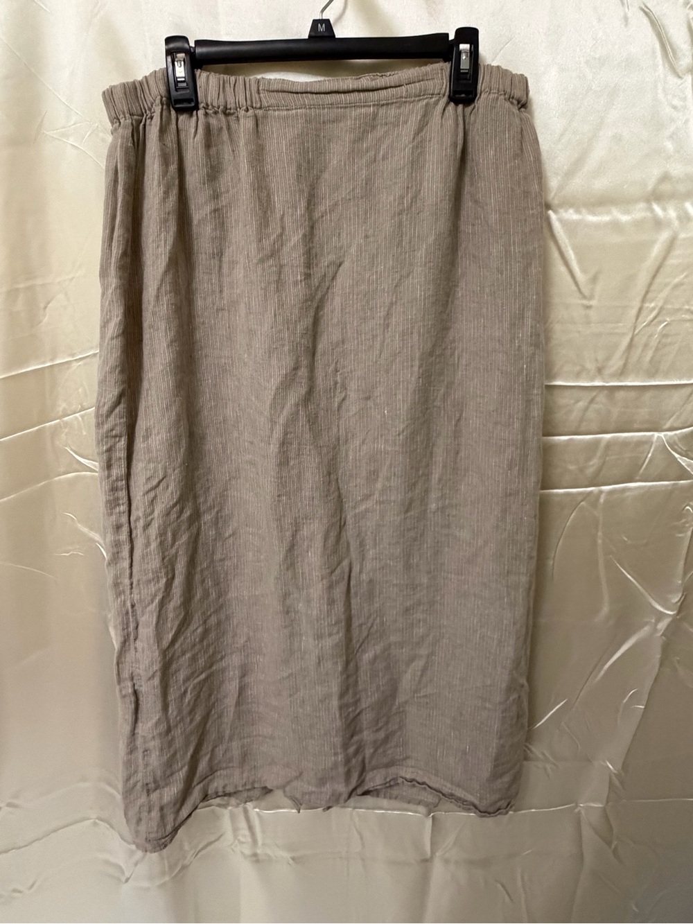 FLAX 100% Linen Pull On Midi Skirt Beige Taupe Elastic Waist Large